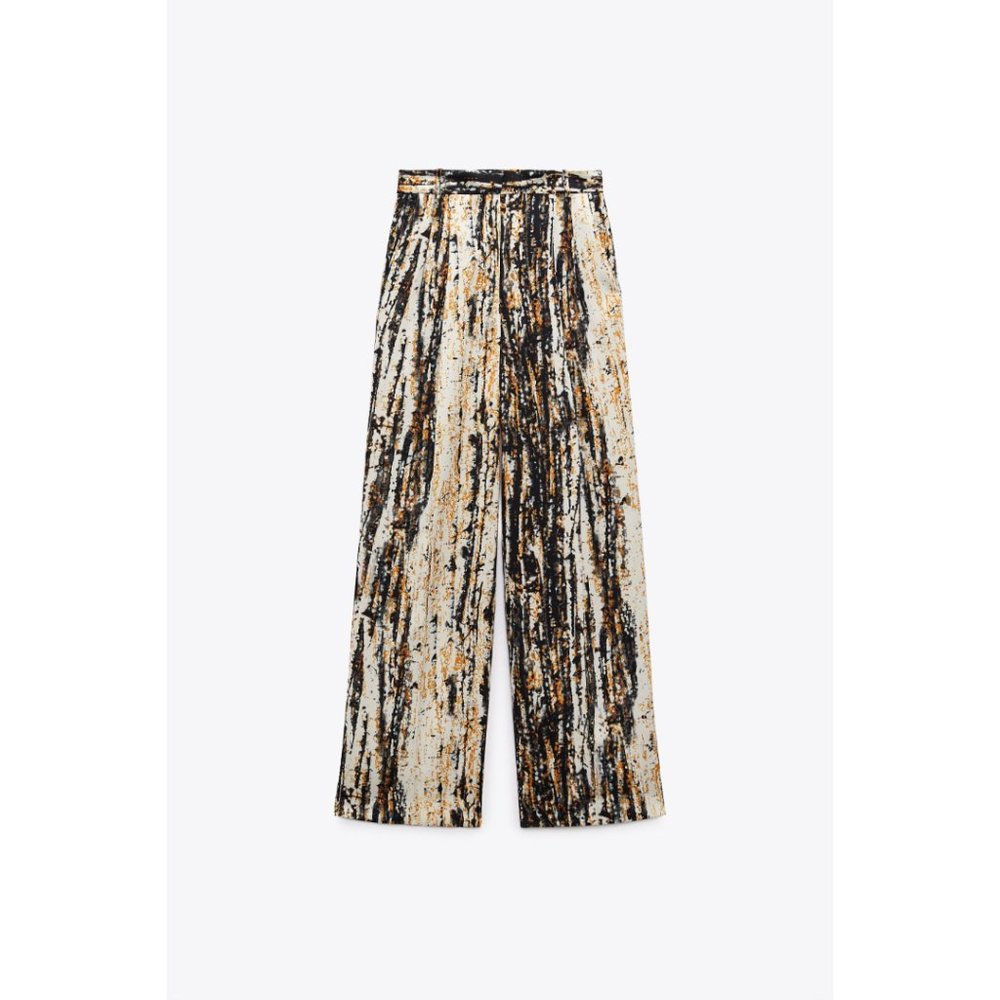 Zara Women Printed Wide Leg Dress Pants Pleated High Rise XS